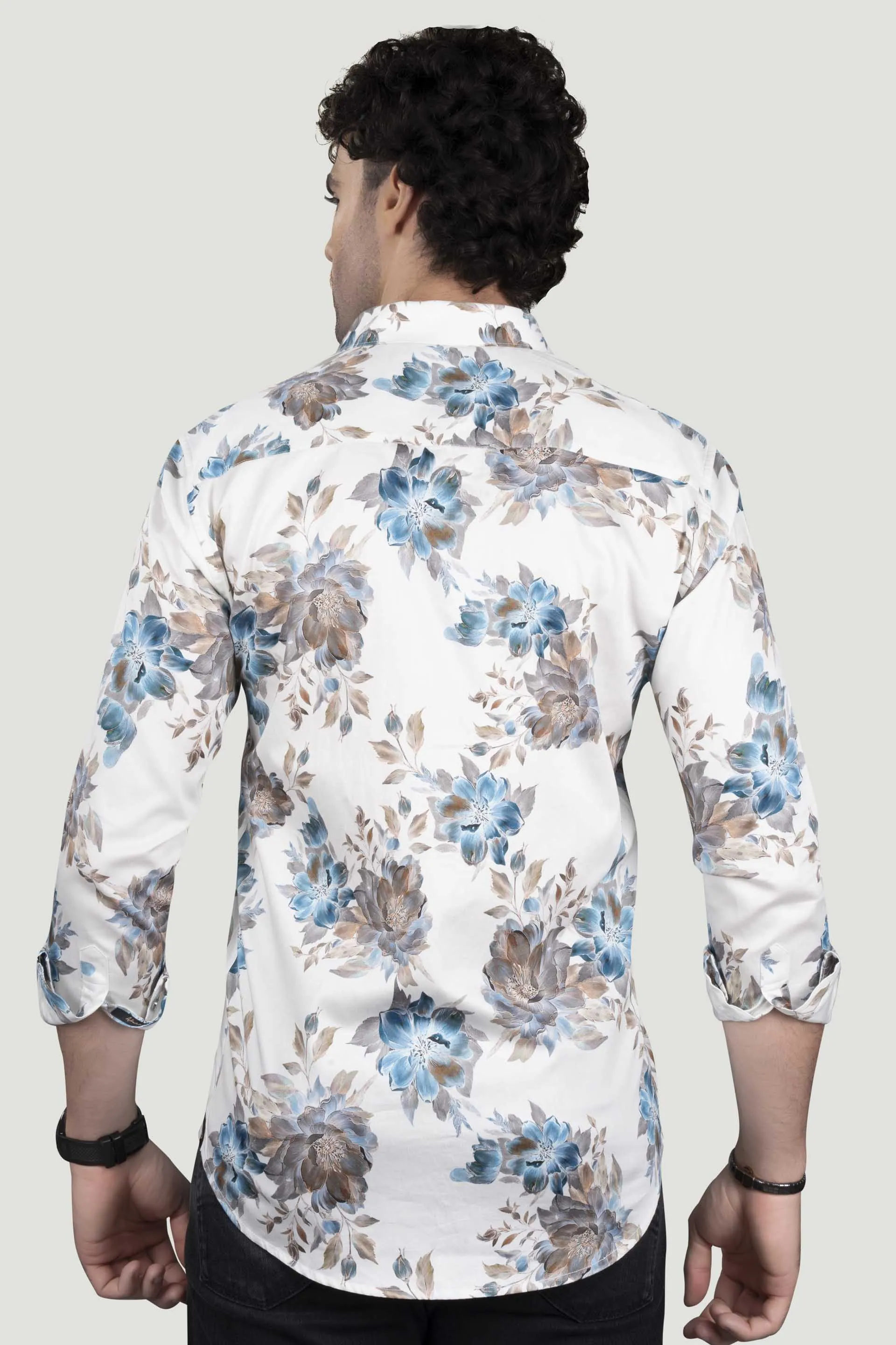 Alvian White Floral Giza Cotton Club Wear Shirt