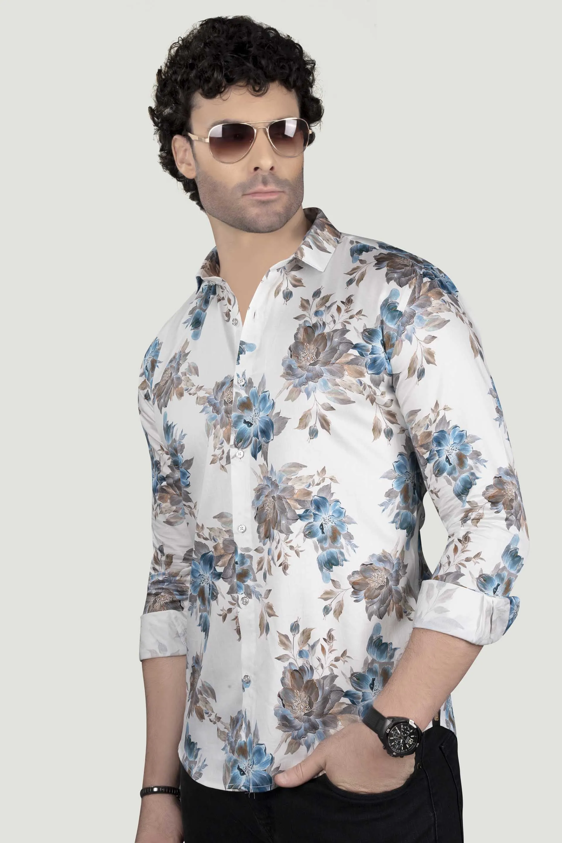Alvian White Floral Giza Cotton Club Wear Shirt