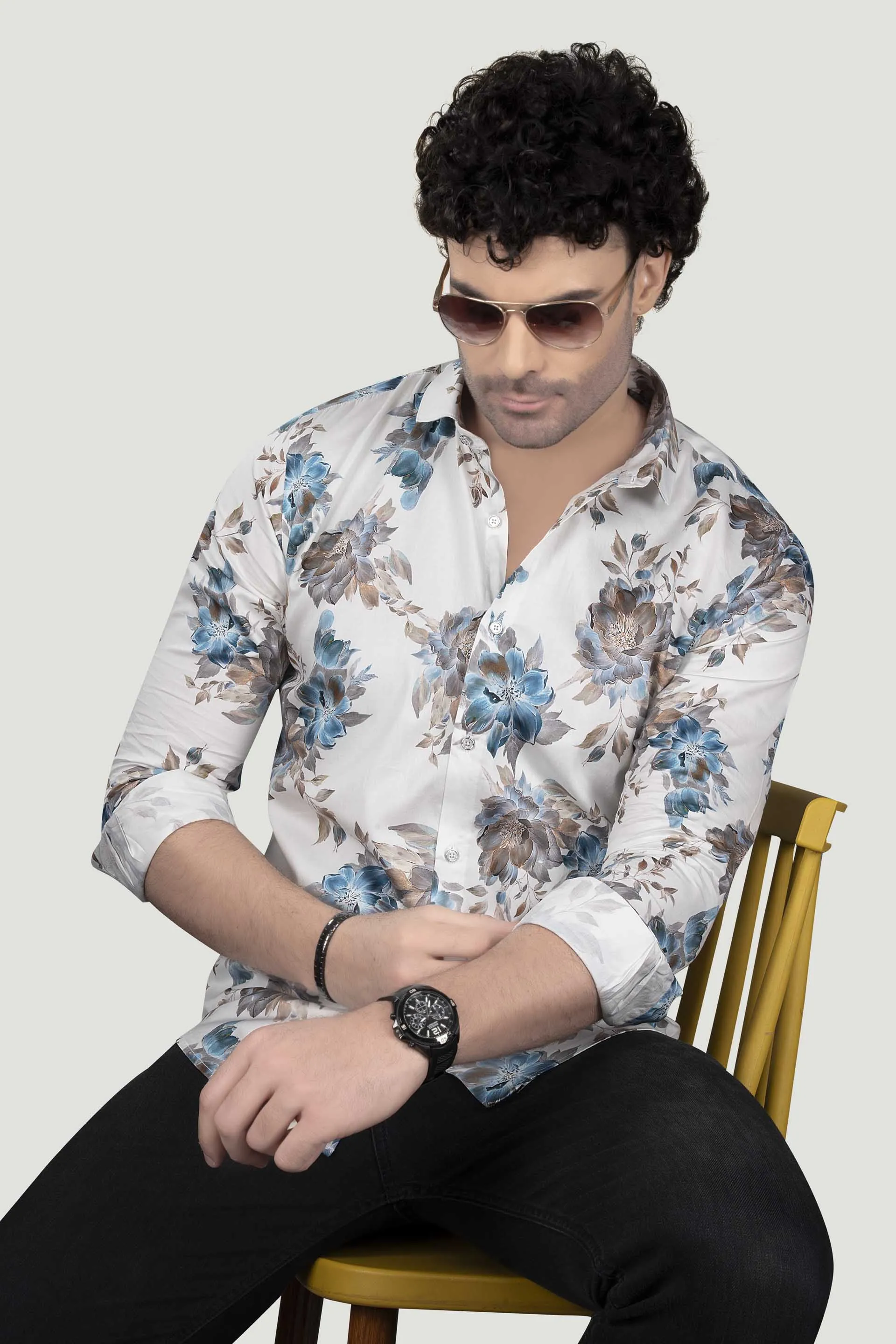 Alvian White Floral Giza Cotton Club Wear Shirt