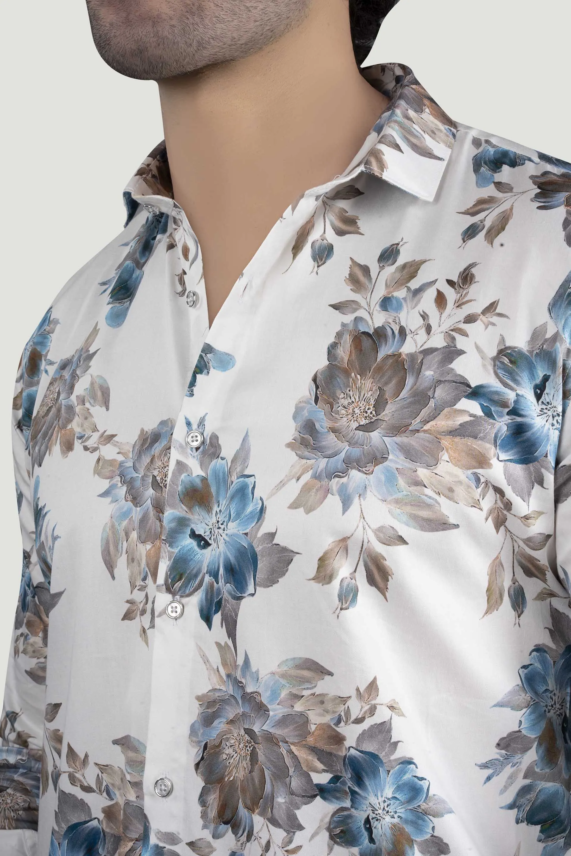 Alvian White Floral Giza Cotton Club Wear Shirt