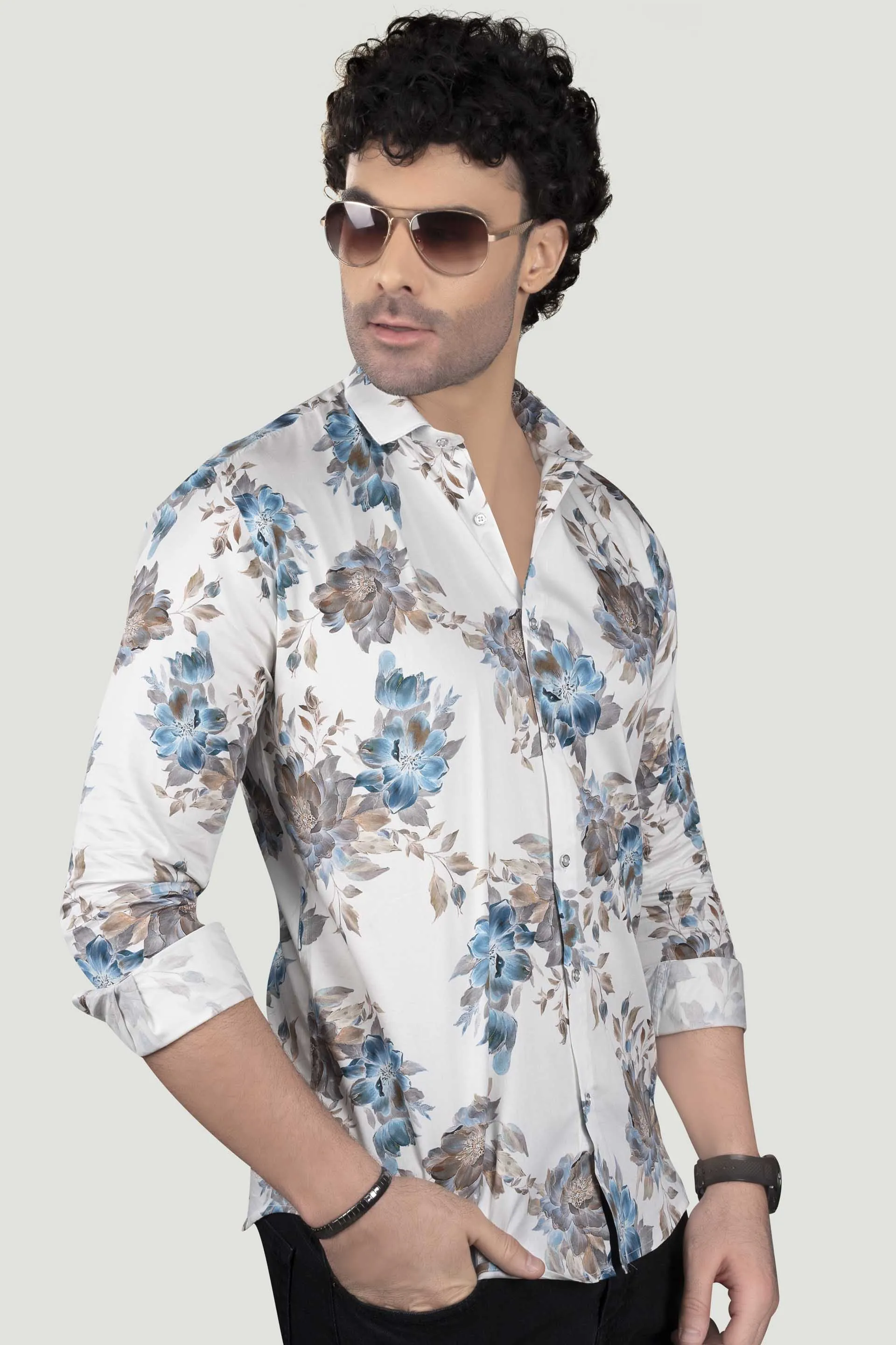 Alvian White Floral Giza Cotton Club Wear Shirt