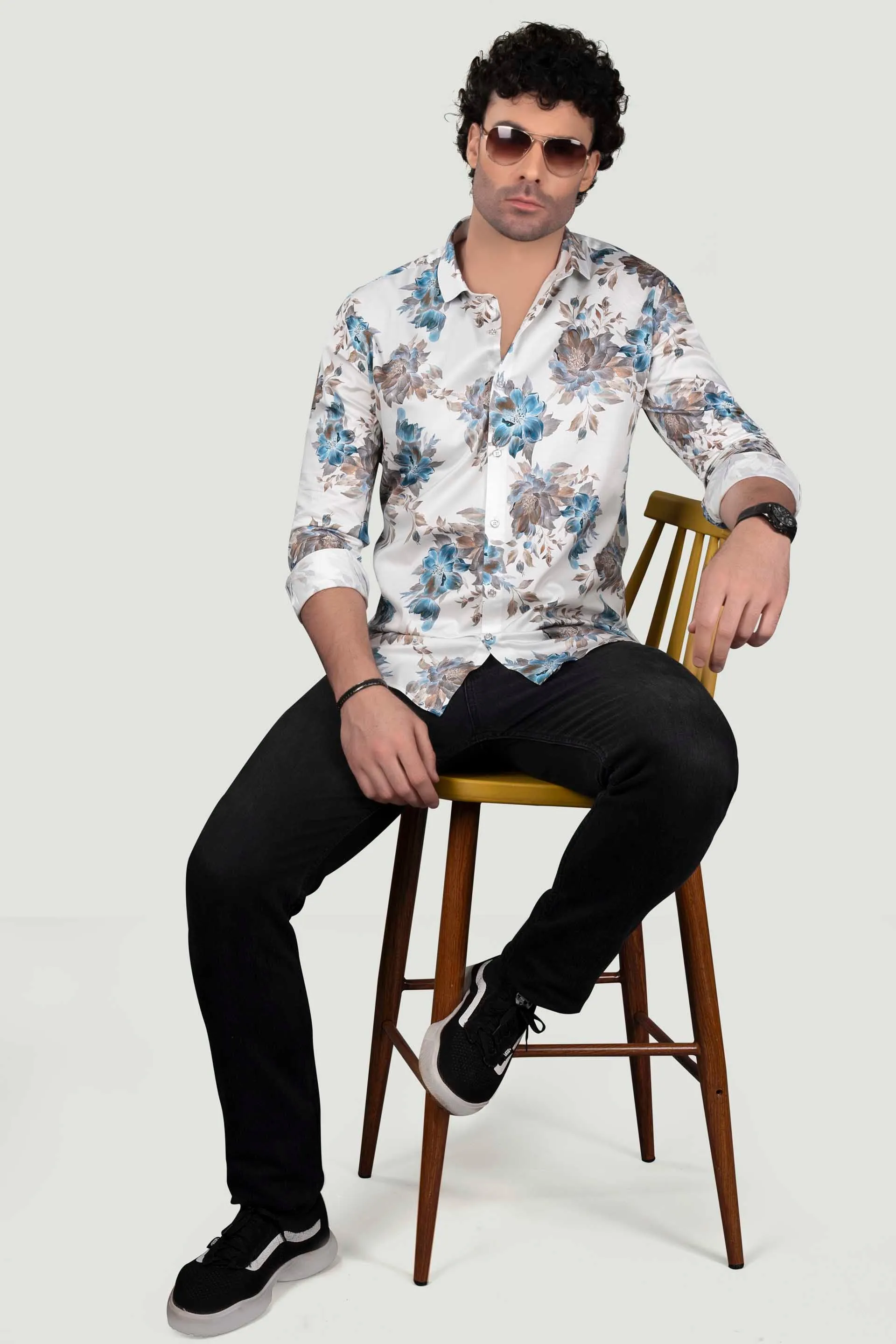 Alvian White Floral Giza Cotton Club Wear Shirt