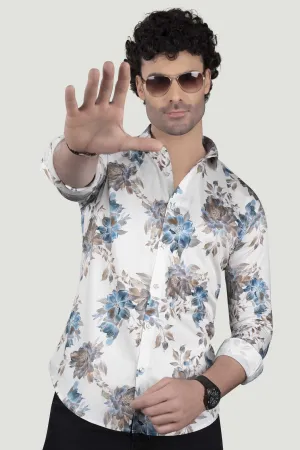 Alvian White Floral Giza Cotton Club Wear Shirt