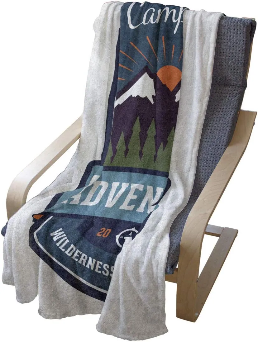 Ambesonne Adventure Throw Blanket, Signboard of Camping Wilderness Exploration Mountains Illustration, Flannel Fleece Accent Piece Soft Couch Cover for Adults, 50" x 60", White and Multicolor