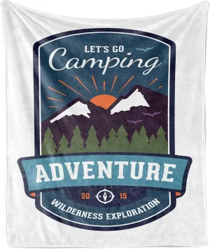 Ambesonne Adventure Throw Blanket, Signboard of Camping Wilderness Exploration Mountains Illustration, Flannel Fleece Accent Piece Soft Couch Cover for Adults, 50" x 60", White and Multicolor