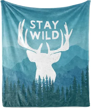 Ambesonne Adventure Throw Blanket, Wilderness Themed Stay Wild Words Scenic Mountain Backdrop Forest, Flannel Fleece Accent Piece Soft Couch Cover for Adults, 60" x 80", Pale Blue Dark Blue
