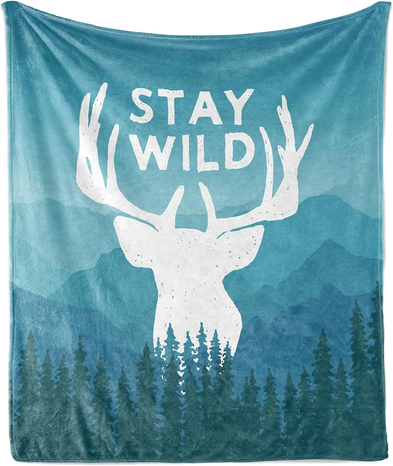 Ambesonne Adventure Throw Blanket, Wilderness Themed Stay Wild Words Scenic Mountain Backdrop Forest, Flannel Fleece Accent Piece Soft Couch Cover for Adults, 60" x 80", Pale Blue Dark Blue