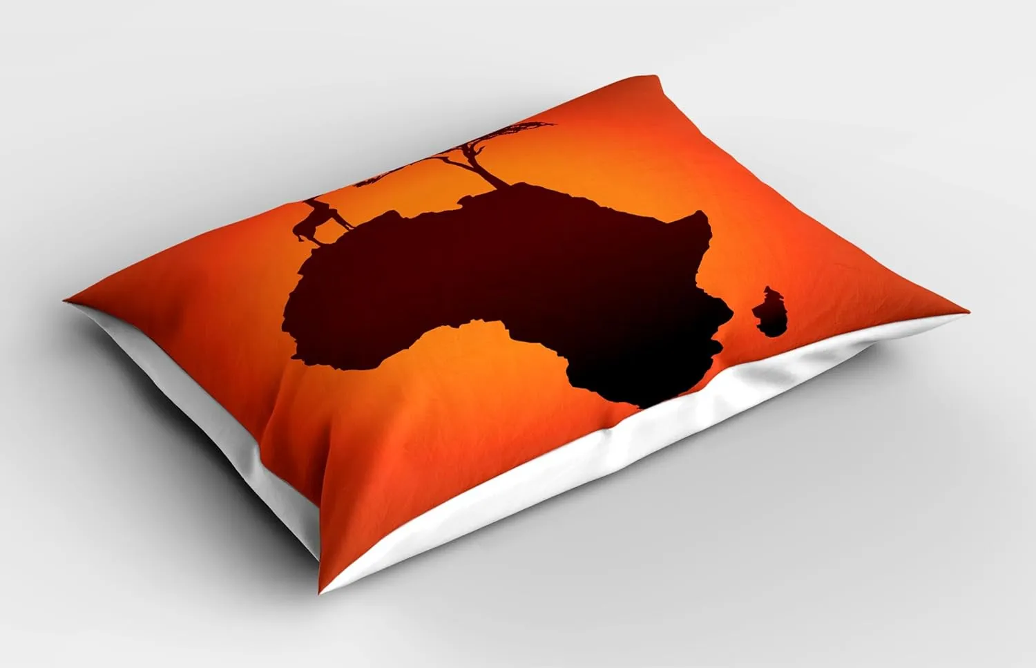 Ambesonne African Pillow Sham Set of 2, Savannah Map Continent Giraffe and Tree Silhouette Wild Design Illustration, Quality Microfiber Bedding Item for All Seasons, 26" x 20", Orange and Brown