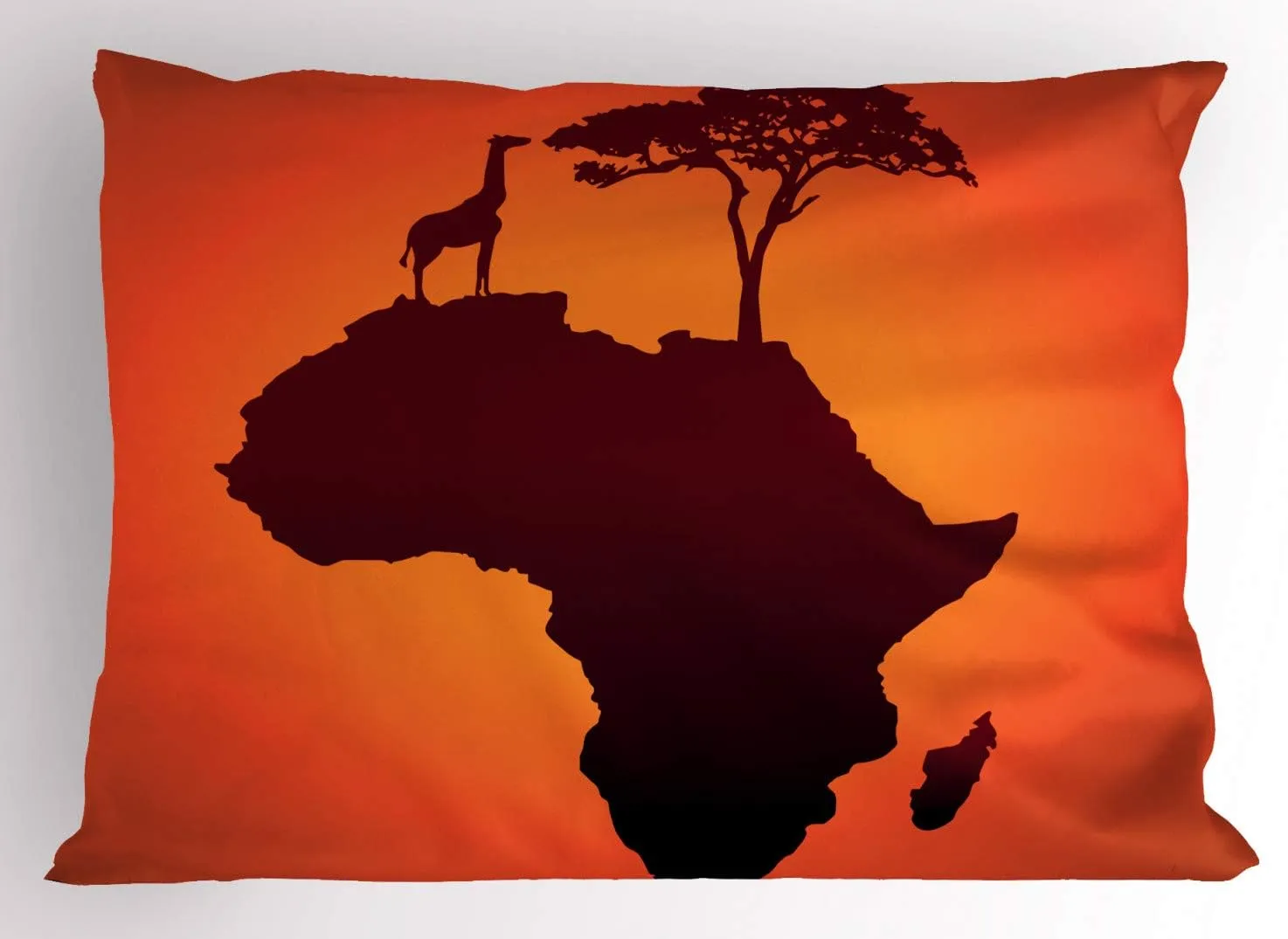 Ambesonne African Pillow Sham Set of 2, Savannah Map Continent Giraffe and Tree Silhouette Wild Design Illustration, Quality Microfiber Bedding Item for All Seasons, 26" x 20", Orange and Brown