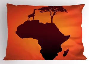 Ambesonne African Pillow Sham Set of 2, Savannah Map Continent Giraffe and Tree Silhouette Wild Design Illustration, Quality Microfiber Bedding Item for All Seasons, 26" x 20", Orange and Brown