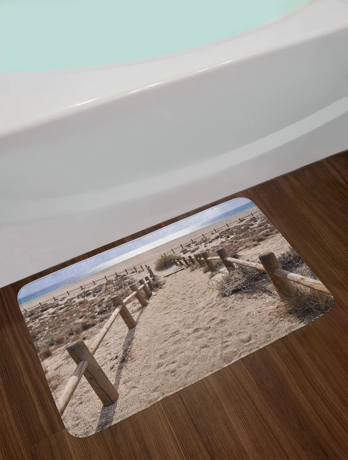 Ambesonne Beach Bath Mat, San Miguel Beach Near Cape Atlantic Ocean Coast Serene Holiday Warm Relax Scene, Plush Bathroom Decor Mat with Non Slip Backing, 30.2" x 20", Beige and Blue