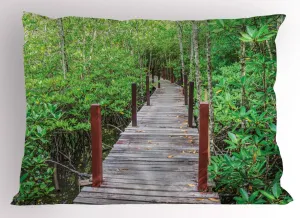 Ambesonne Beach Pathway Pillow Sham, Long Wood Bridge in Mangrove Forest Thailand Exploration Journey, Decorative Standard King Size Printed Pillowcase, 36" X 20", Green Brown and Redwood