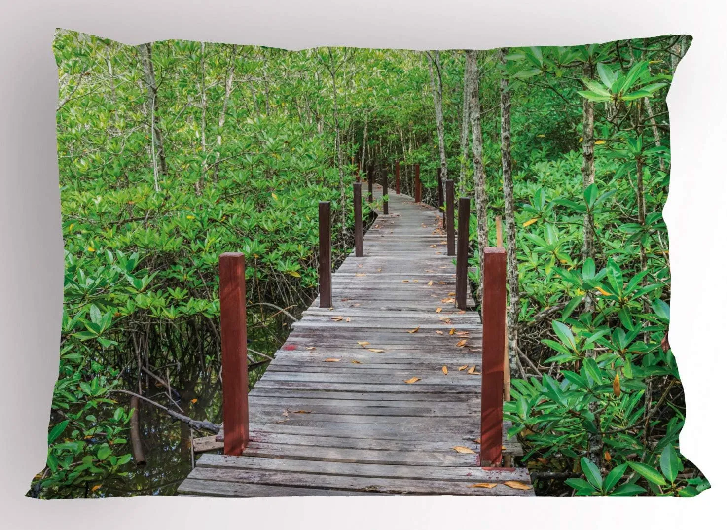 Ambesonne Beach Pathway Pillow Sham, Long Wood Bridge in Mangrove Forest Thailand Exploration Journey, Decorative Standard King Size Printed Pillowcase, 36" X 20", Green Brown and Redwood
