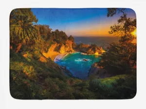 Ambesonne Big Sur Bath Mat, Carmel California Exotic Scene with McWay Falls and Tropic Botany at Dusk, Plush Bathroom Decor Mat with Non Slip Backing, 30.2" x 20", Multicolor