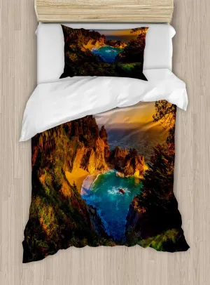 Ambesonne Big Sur Duvet Cover Set, Carmel California Exotic Scene with McWay Falls and Tropic Botany at Dusk, Decorative 2 Piece Bedding Set with 1 Pillow Sham, Twin Size, Multicolor