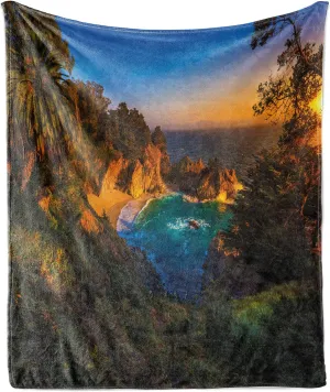 Ambesonne Big Sur Throw Blanket, Carmel California Exotic Scene with McWay Falls and Tropic Botany at Dusk, Flannel Fleece Accent Piece Soft Couch Cover for Adults, 70" x 90", Multicolor