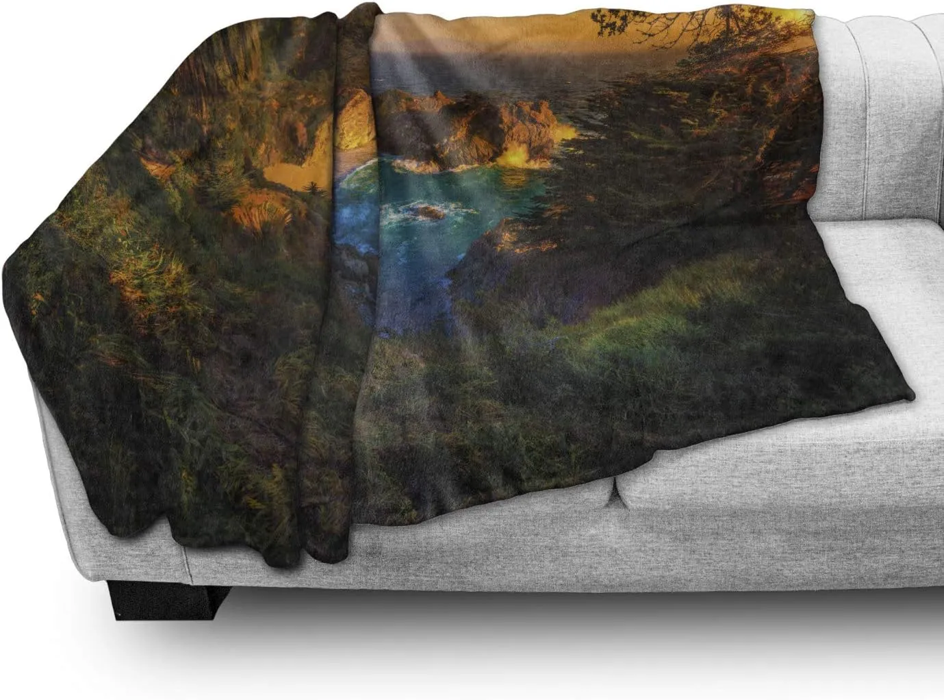 Ambesonne Big Sur Throw Blanket, Carmel California Exotic Scene with McWay Falls and Tropic Botany at Dusk, Flannel Fleece Accent Piece Soft Couch Cover for Adults, 70" x 90", Multicolor