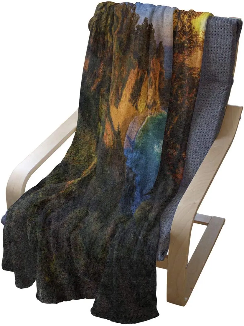 Ambesonne Big Sur Throw Blanket, Carmel California Exotic Scene with McWay Falls and Tropic Botany at Dusk, Flannel Fleece Accent Piece Soft Couch Cover for Adults, 70" x 90", Multicolor