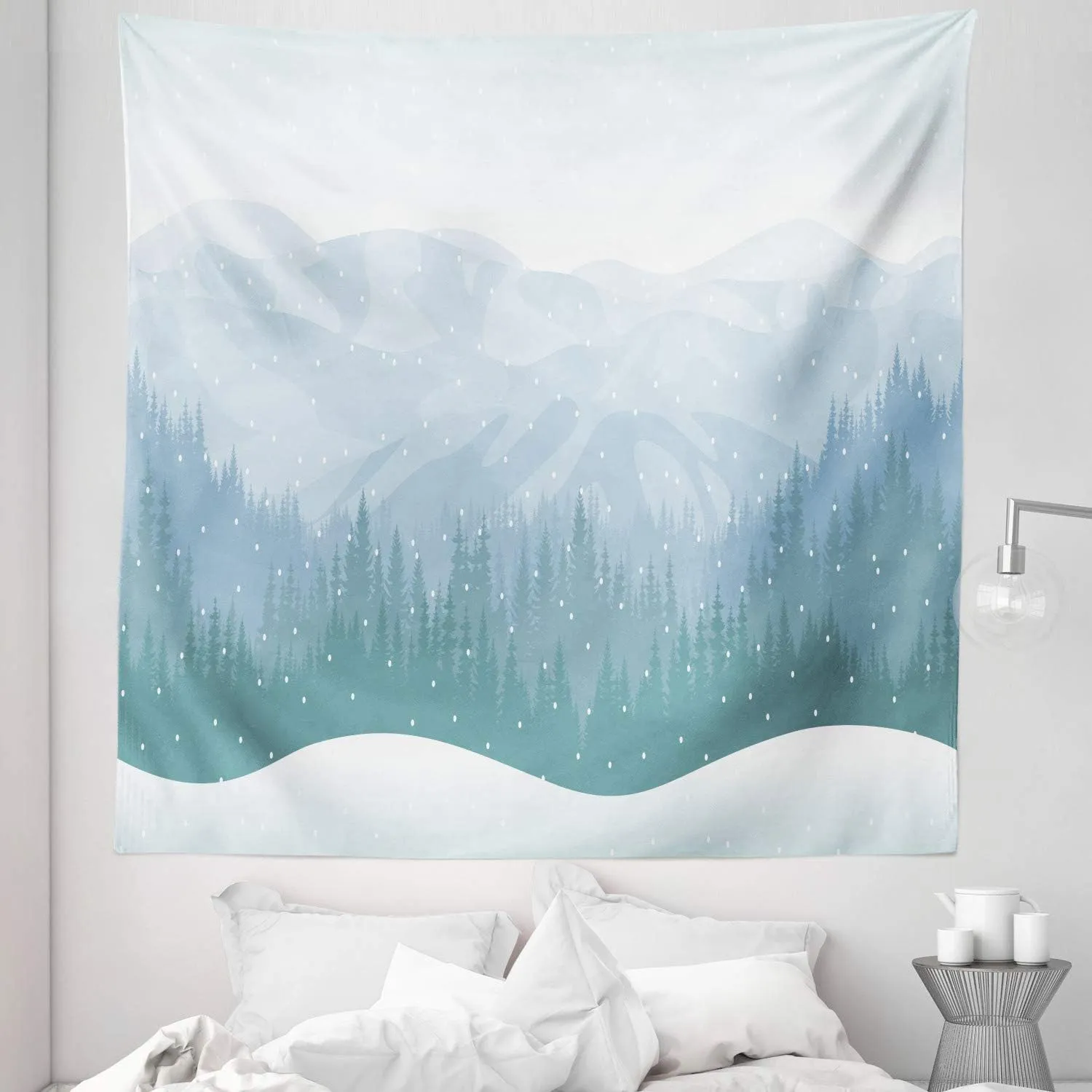 Ambesonne Blue Sky Tapestry King Size, Continuous Wilderness Pine Trees Mountains Winter Time Snowflakes Theme, Wall Hanging Bedspread Bed Cover Wall Decor, 88" X 88", Cadet Blue Pale Blue