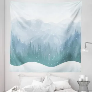 Ambesonne Blue Sky Tapestry King Size, Continuous Wilderness Pine Trees Mountains Winter Time Snowflakes Theme, Wall Hanging Bedspread Bed Cover Wall Decor, 88" X 88", Cadet Blue Pale Blue