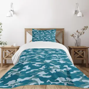 Ambesonne Camo Bedspread Set, Camouflage Theme in Oceanic Colors Sea Water Inspired Illustration, 3 Piece Decorative Bedding Coverlet and 2 Pillow Shams, Twin Size, Slate Blue Pale Blue