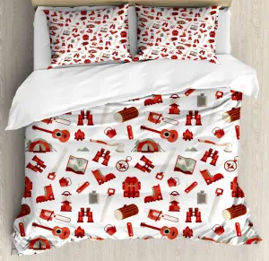 Ambesonne Camping Duvet Cover Sets, Lumberjack Elements from Outdoor Leisure Activities in Vinous Tones, Bedding Set with 2 Duvet Covers & 2 Pillowcases, 2 Pack Twin Size, White Vermilion and Brown