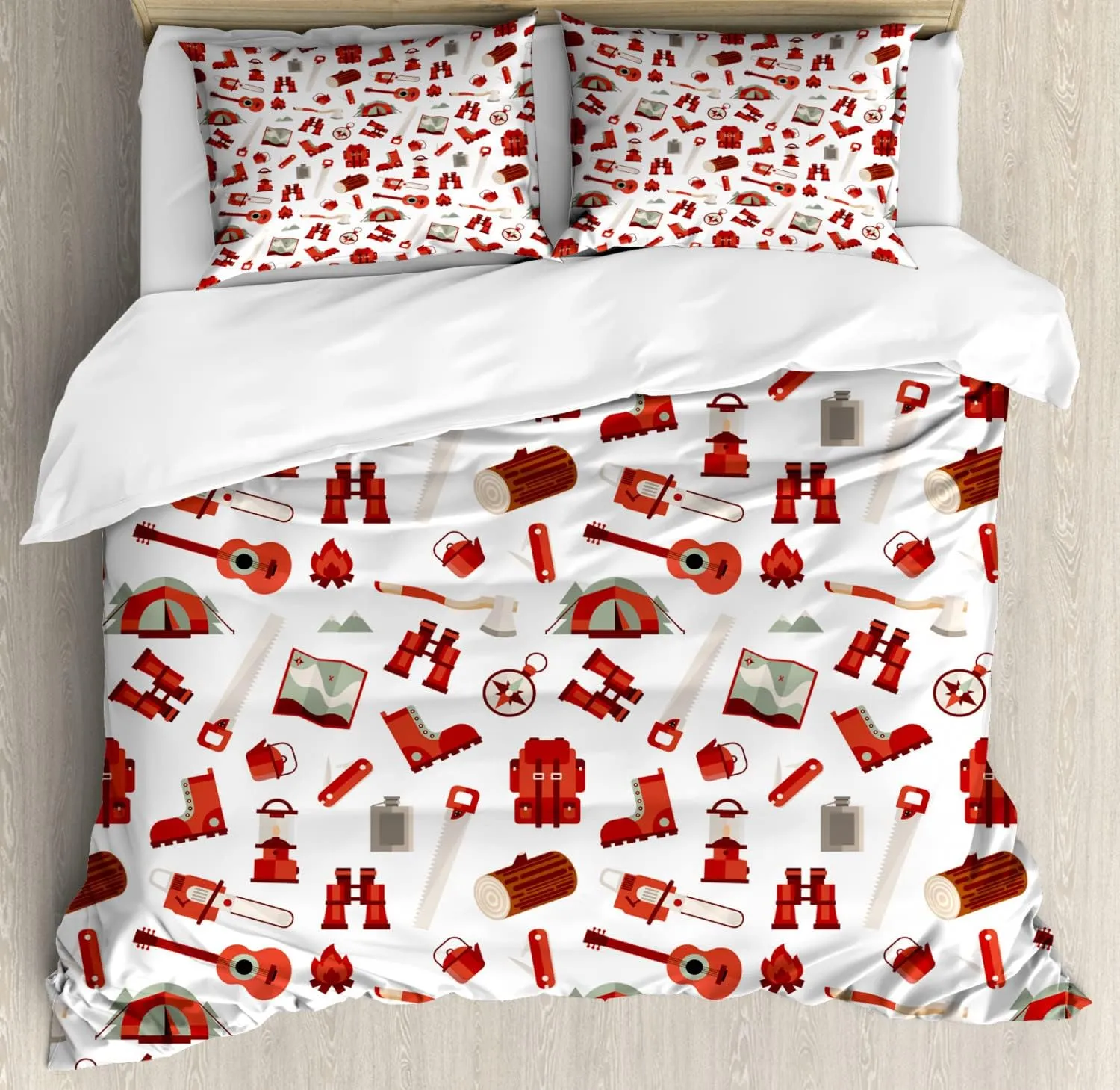 Ambesonne Camping Duvet Cover Sets, Lumberjack Elements from Outdoor Leisure Activities in Vinous Tones, Bedding Set with 2 Duvet Covers & 2 Pillowcases, 2 Pack Twin Size, White Vermilion and Brown