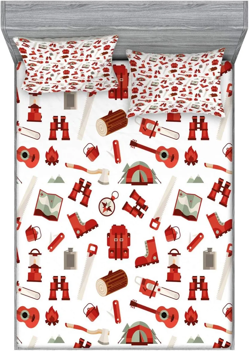 Ambesonne Camping Fitted Sheet & Pillow Sham Set, Lumberjack Elements from Outdoor Leisure Activities in Vinous Tones, Decorative Printed 3 Piece Bedding Decor Set, King, White Vermilion and Brown