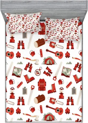 Ambesonne Camping Fitted Sheet & Pillow Sham Set, Lumberjack Elements from Outdoor Leisure Activities in Vinous Tones, Decorative Printed 3 Piece Bedding Decor Set, King, White Vermilion and Brown