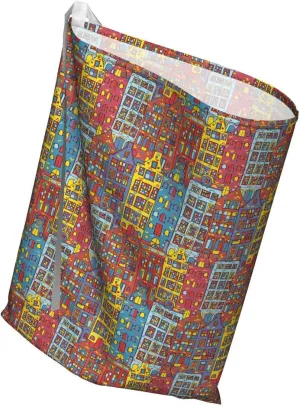 Ambesonne Cartoon Apartments Fabric Gift Bag, Amsterdam Holland Cityscape Urban Sketch with Colorful Windows Print, Present Sack for Parties Birthdays with 3 Ribbons, 27, Multicolor