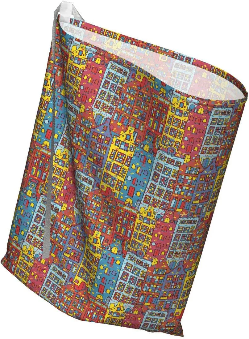 Ambesonne Cartoon Apartments Fabric Gift Bag, Amsterdam Holland Cityscape Urban Sketch with Colorful Windows Print, Present Sack for Parties Birthdays with 3 Ribbons, 27, Multicolor