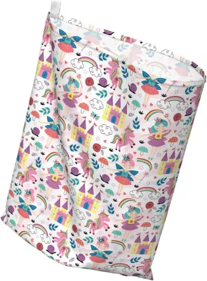 Ambesonne Cartoon Fabric Gift Bag, Colorful Illustration with Characters Unicorn Chateau on Plain Background, Present Sack for Parties Birthdays with 3 Ribbons, 27, Multicolor