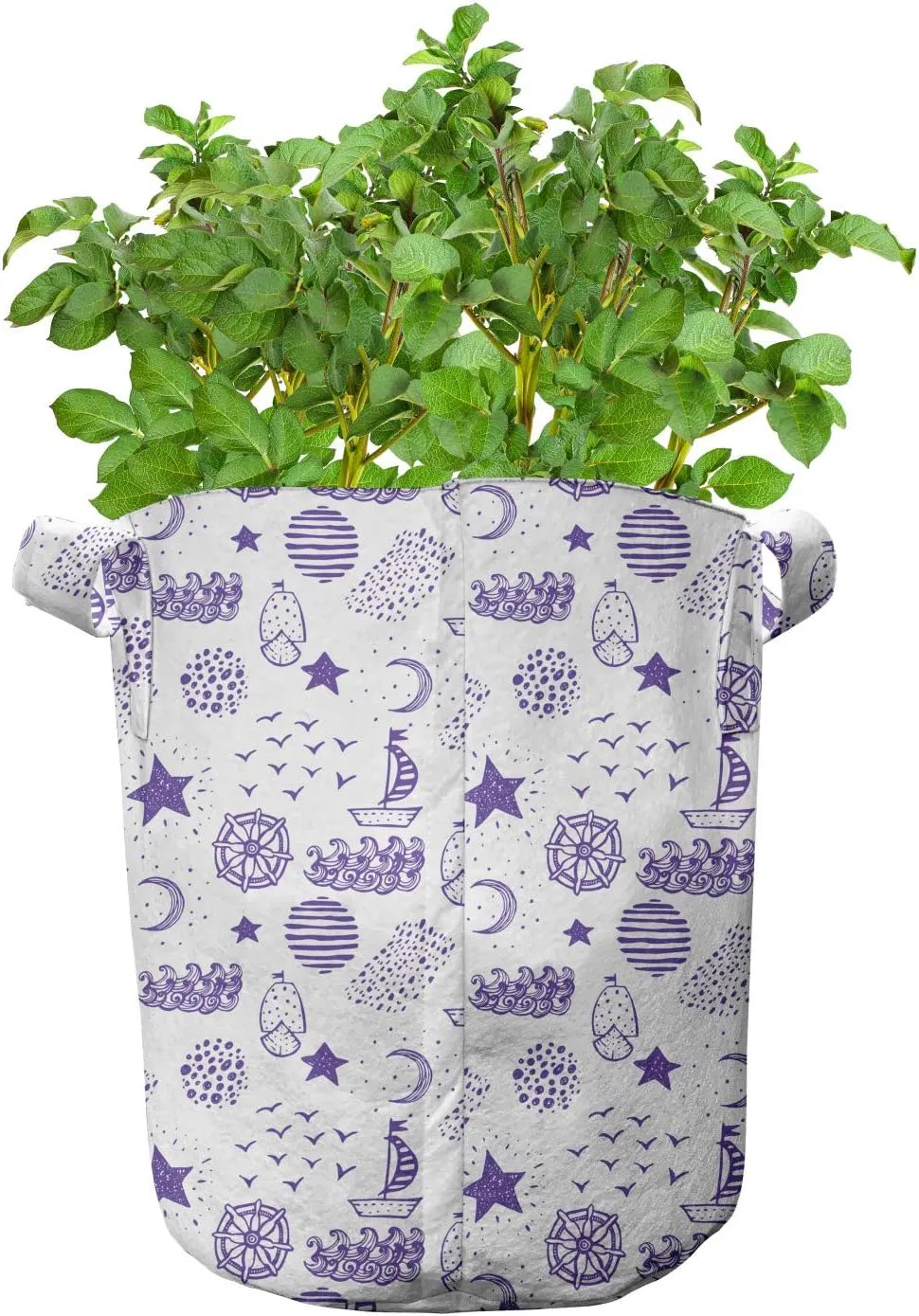 Ambesonne Cartoon Grow Bags 5-Pack, Boat Star Gulls Moon Shell, Heavyduty Fabric Pots with Handles for Plants, Purple