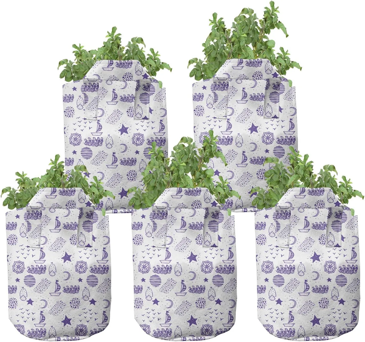 Ambesonne Cartoon Grow Bags 5-Pack, Boat Star Gulls Moon Shell, Heavyduty Fabric Pots with Handles for Plants, Purple