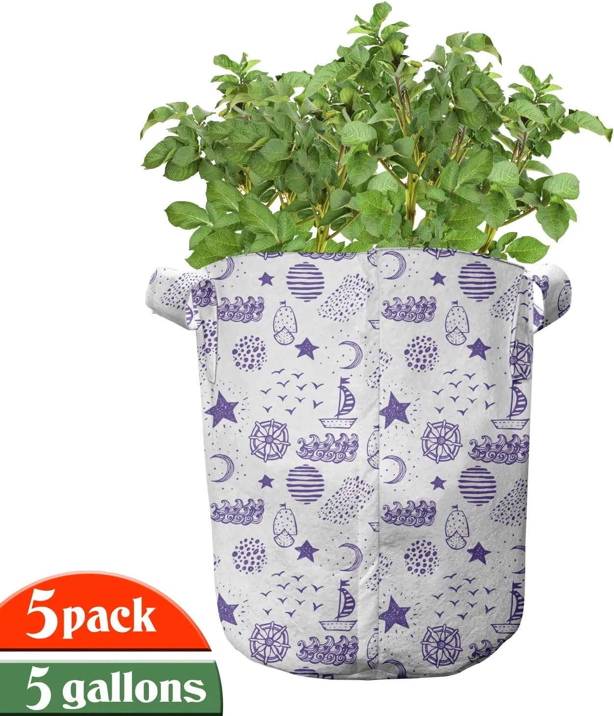 Ambesonne Cartoon Grow Bags 5-Pack, Boat Star Gulls Moon Shell, Heavyduty Fabric Pots with Handles for Plants, Purple