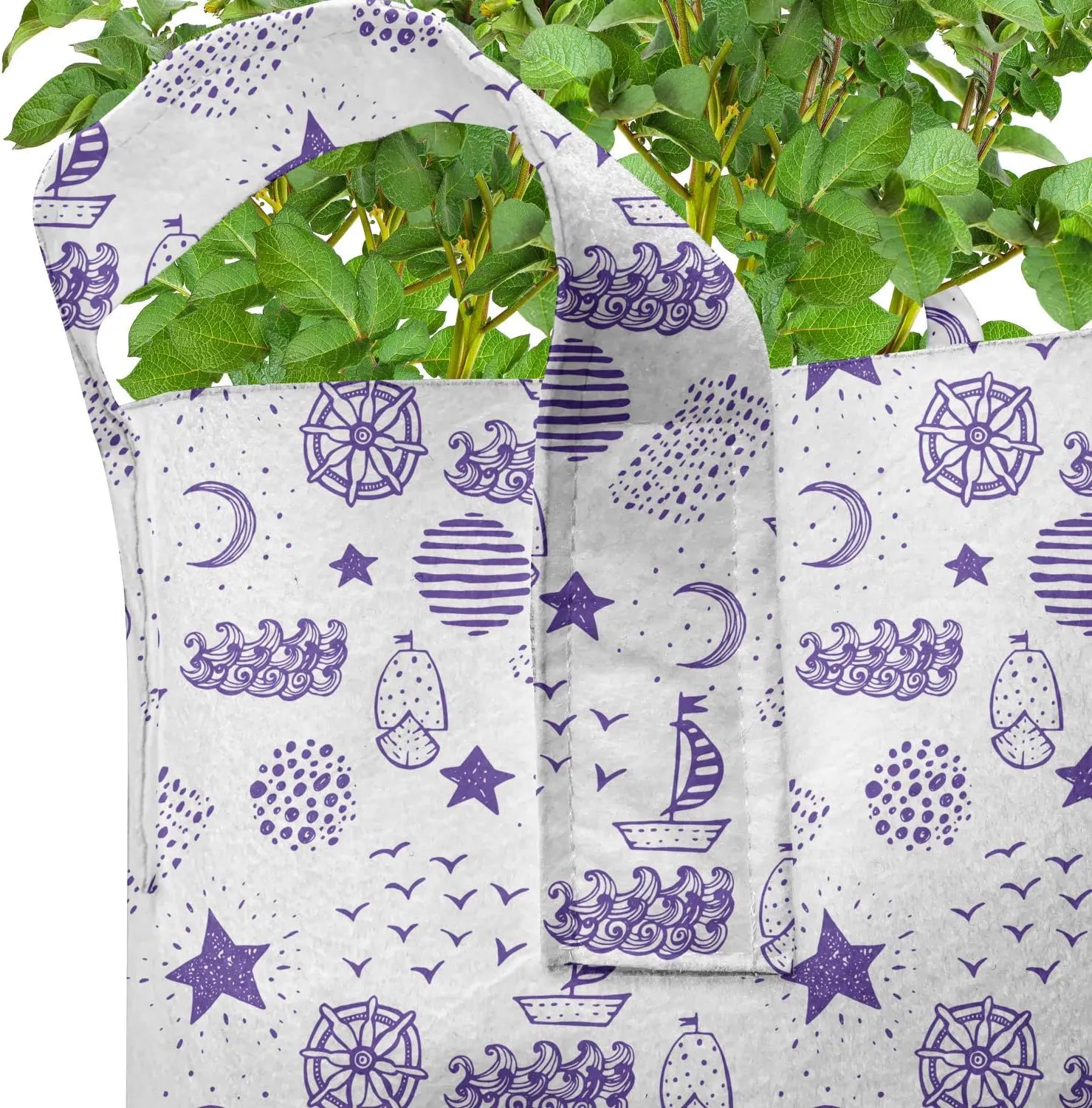 Ambesonne Cartoon Grow Bags 5-Pack, Boat Star Gulls Moon Shell, Heavyduty Fabric Pots with Handles for Plants, Purple
