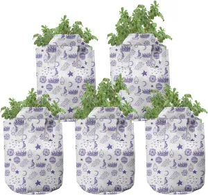 Ambesonne Cartoon Grow Bags 5-Pack, Boat Star Gulls Moon Shell, Heavyduty Fabric Pots with Handles for Plants, Purple