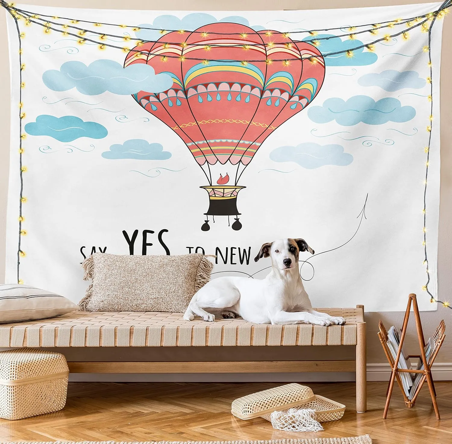 Ambesonne Cartoon Tapestry, Inspirational Words Say Yes to New Adventures Hand Drawn Hot Air Balloon, Fabric Wall Hanging Decor for Bedroom Living Room Dorm, 45" X 30", Mint Pink
