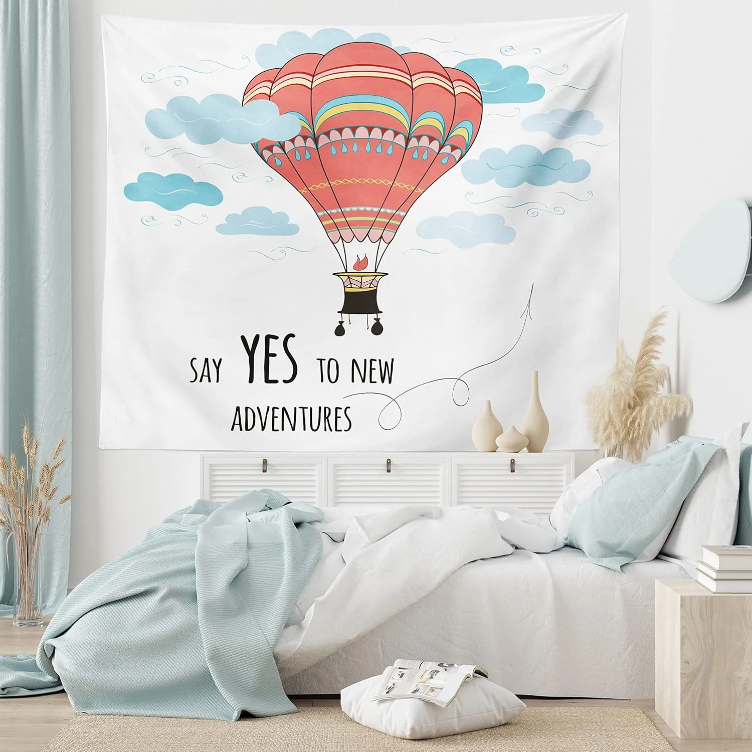Ambesonne Cartoon Tapestry, Inspirational Words Say Yes to New Adventures Hand Drawn Hot Air Balloon, Fabric Wall Hanging Decor for Bedroom Living Room Dorm, 45" X 30", Mint Pink
