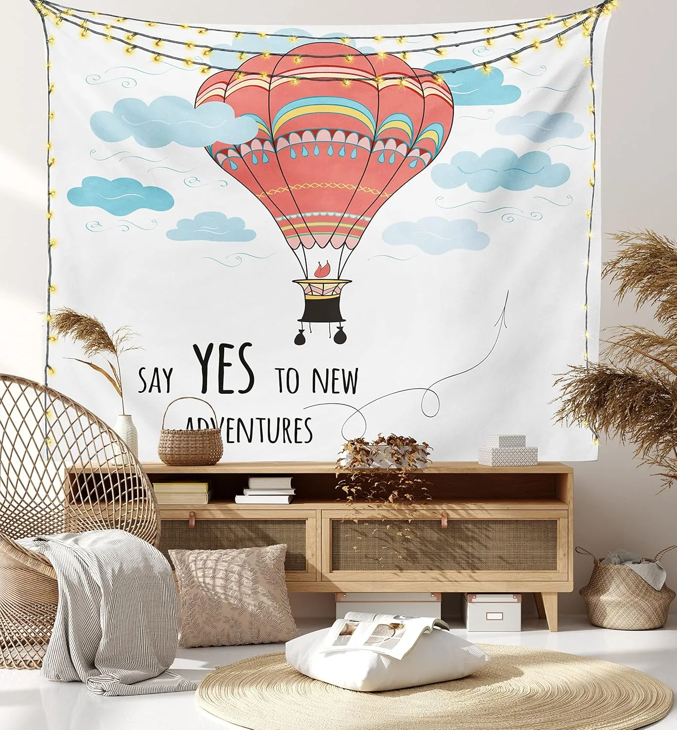Ambesonne Cartoon Tapestry, Inspirational Words Say Yes to New Adventures Hand Drawn Hot Air Balloon, Fabric Wall Hanging Decor for Bedroom Living Room Dorm, 45" X 30", Mint Pink