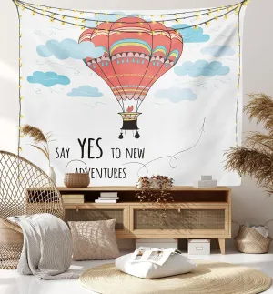 Ambesonne Cartoon Tapestry, Inspirational Words Say Yes to New Adventures Hand Drawn Hot Air Balloon, Fabric Wall Hanging Decor for Bedroom Living Room Dorm, 45" X 30", Mint Pink