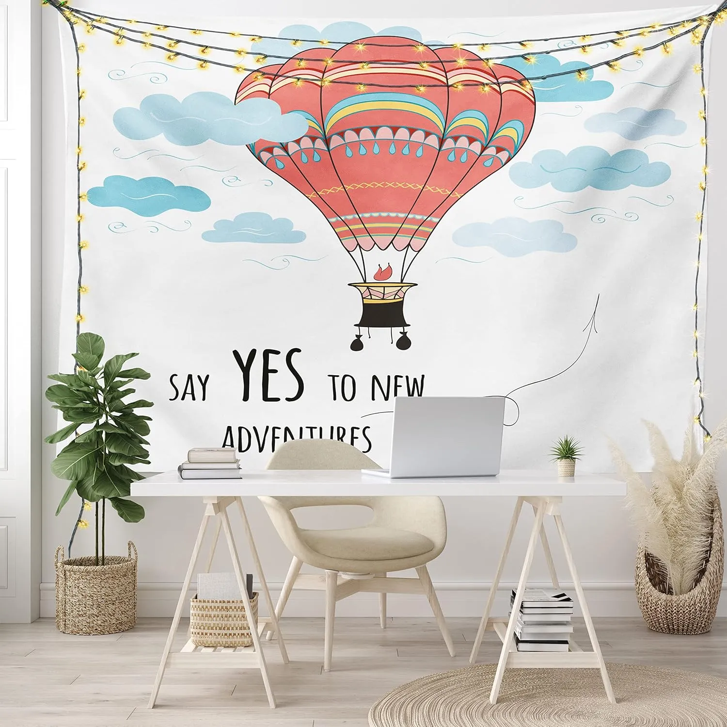 Ambesonne Cartoon Tapestry, Inspirational Words Say Yes to New Adventures Hand Drawn Hot Air Balloon, Fabric Wall Hanging Decor for Bedroom Living Room Dorm, 45" X 30", Mint Pink