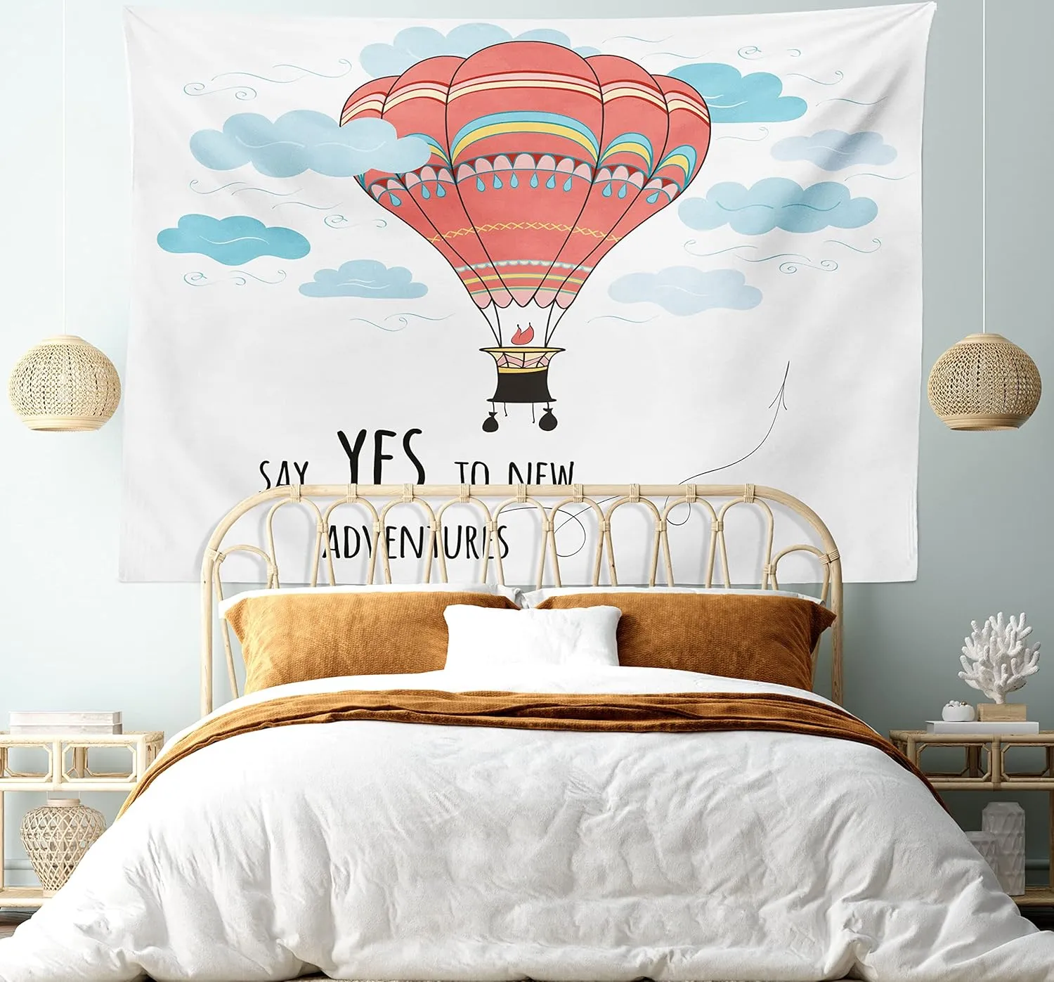 Ambesonne Cartoon Tapestry, Inspirational Words Say Yes to New Adventures Hand Drawn Hot Air Balloon, Fabric Wall Hanging Decor for Bedroom Living Room Dorm, 45" X 30", Mint Pink