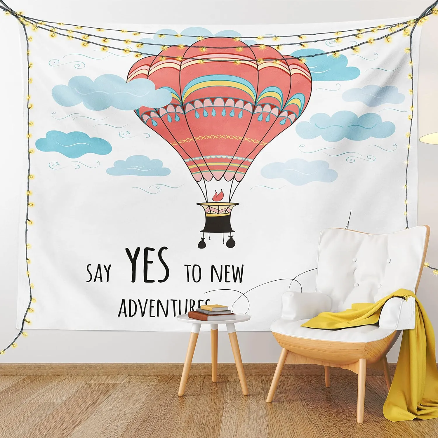 Ambesonne Cartoon Tapestry, Inspirational Words Say Yes to New Adventures Hand Drawn Hot Air Balloon, Fabric Wall Hanging Decor for Bedroom Living Room Dorm, 45" X 30", Mint Pink
