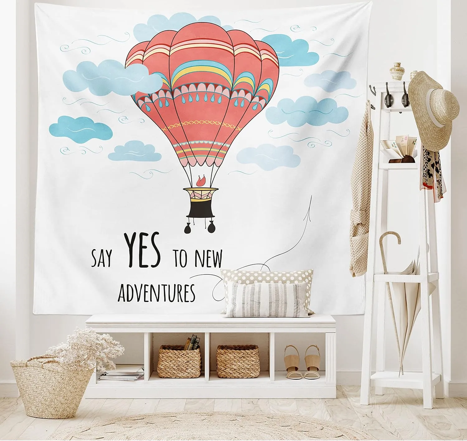 Ambesonne Cartoon Tapestry, Inspirational Words Say Yes to New Adventures Hand Drawn Hot Air Balloon, Fabric Wall Hanging Decor for Bedroom Living Room Dorm, 45" X 30", Mint Pink