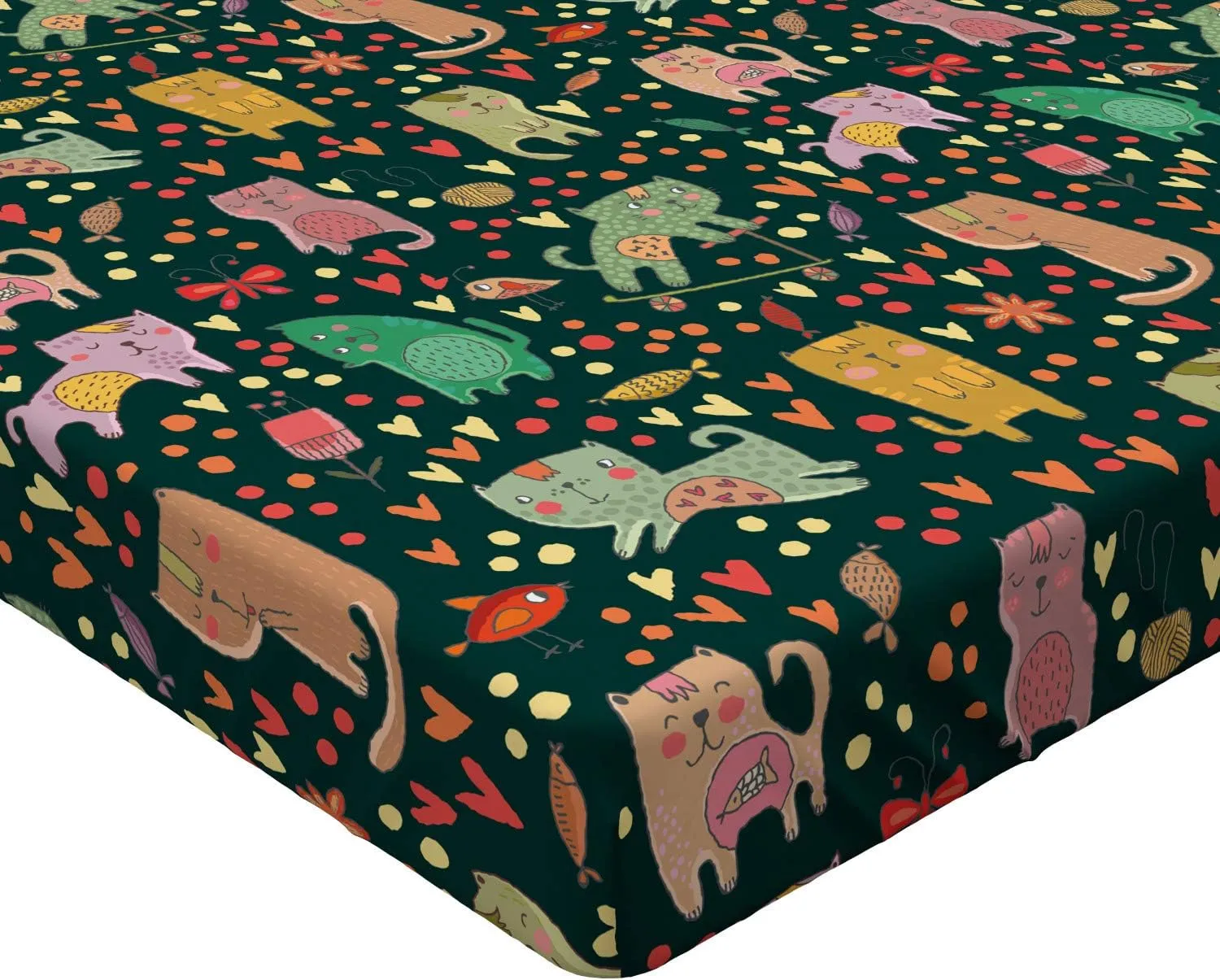 Ambesonne Cat Fitted Sheet, Cartoon Style Feline Pattern on a Hearts Dots and Fish Background Animal Theme, Soft Decorative Fabric Bedding All-Round Elastic Pocket, Twin Size, Black Teal