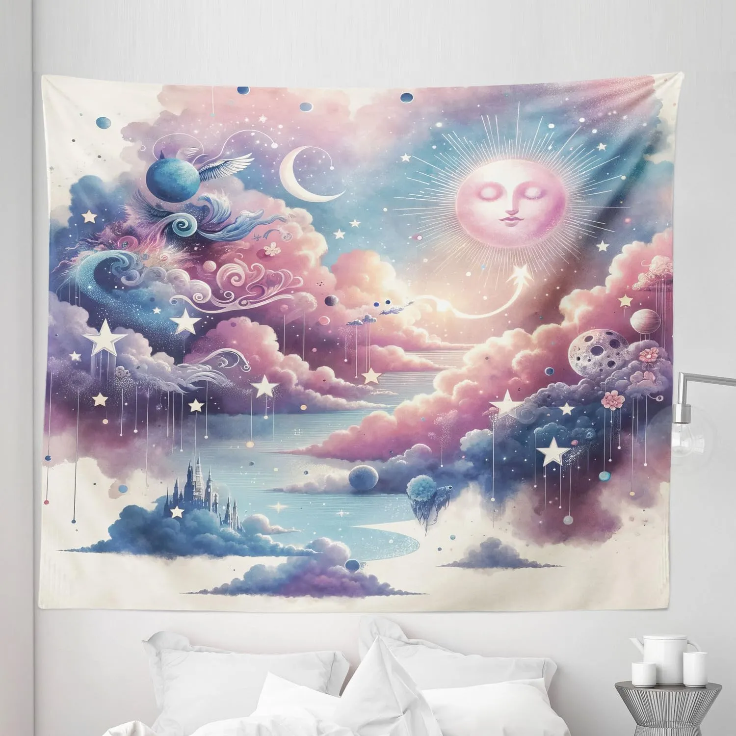 Ambesonne Celestial Sky Tapestry King Size, Bohemian Pastel Fantasy with Planet Like Forms Sleeping Sun Clouds, Wall Hanging Bedspread Bed Cover Wall Decor, 104" X 88", Blush Blue Lavender