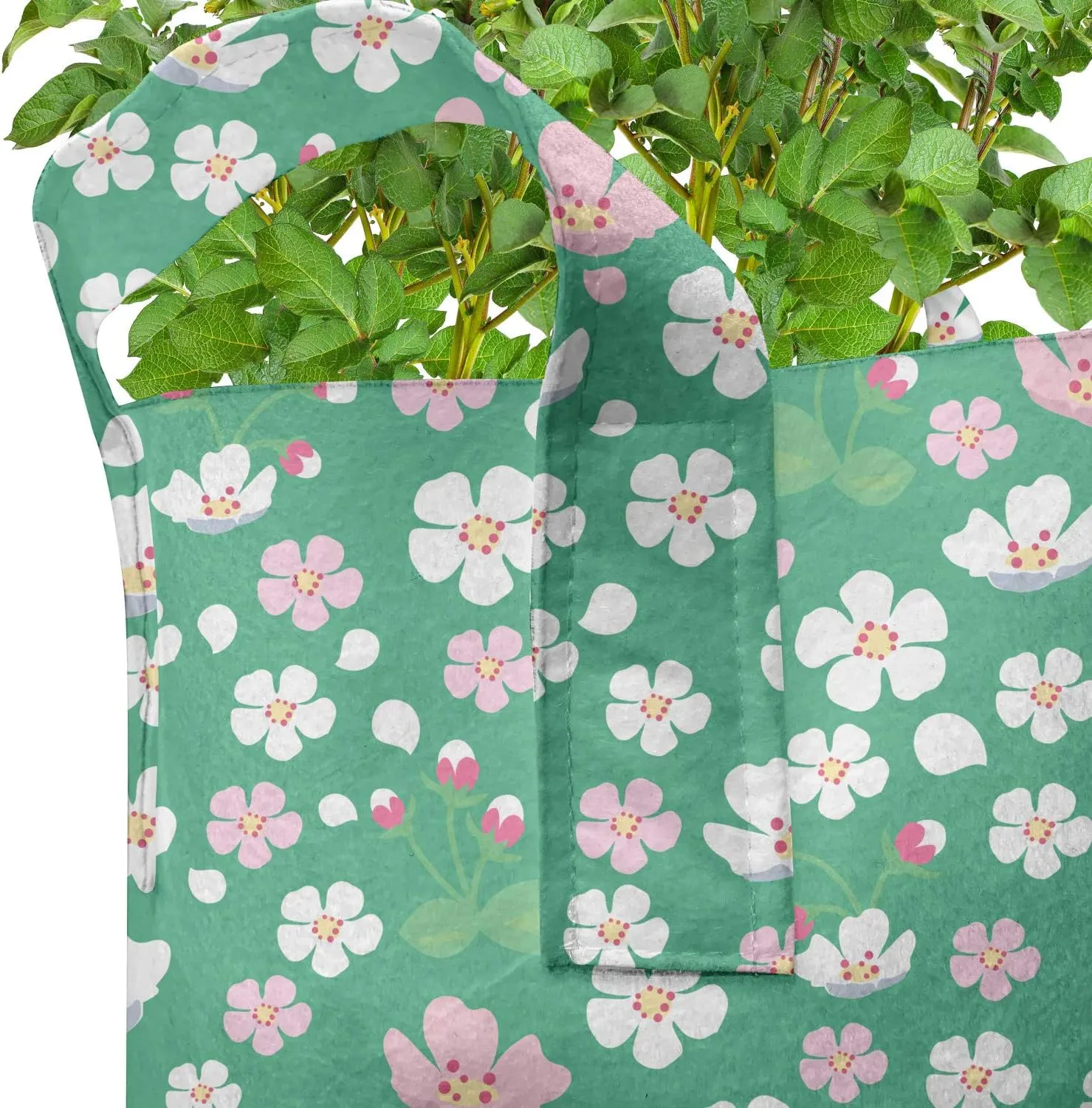 Ambesonne Cherry Blossom Grow Bags 5-Pack, Downward Sloping, Heavyduty Fabric Pots with Handles for Plants, 5 Gallon, Rose and Sea Green