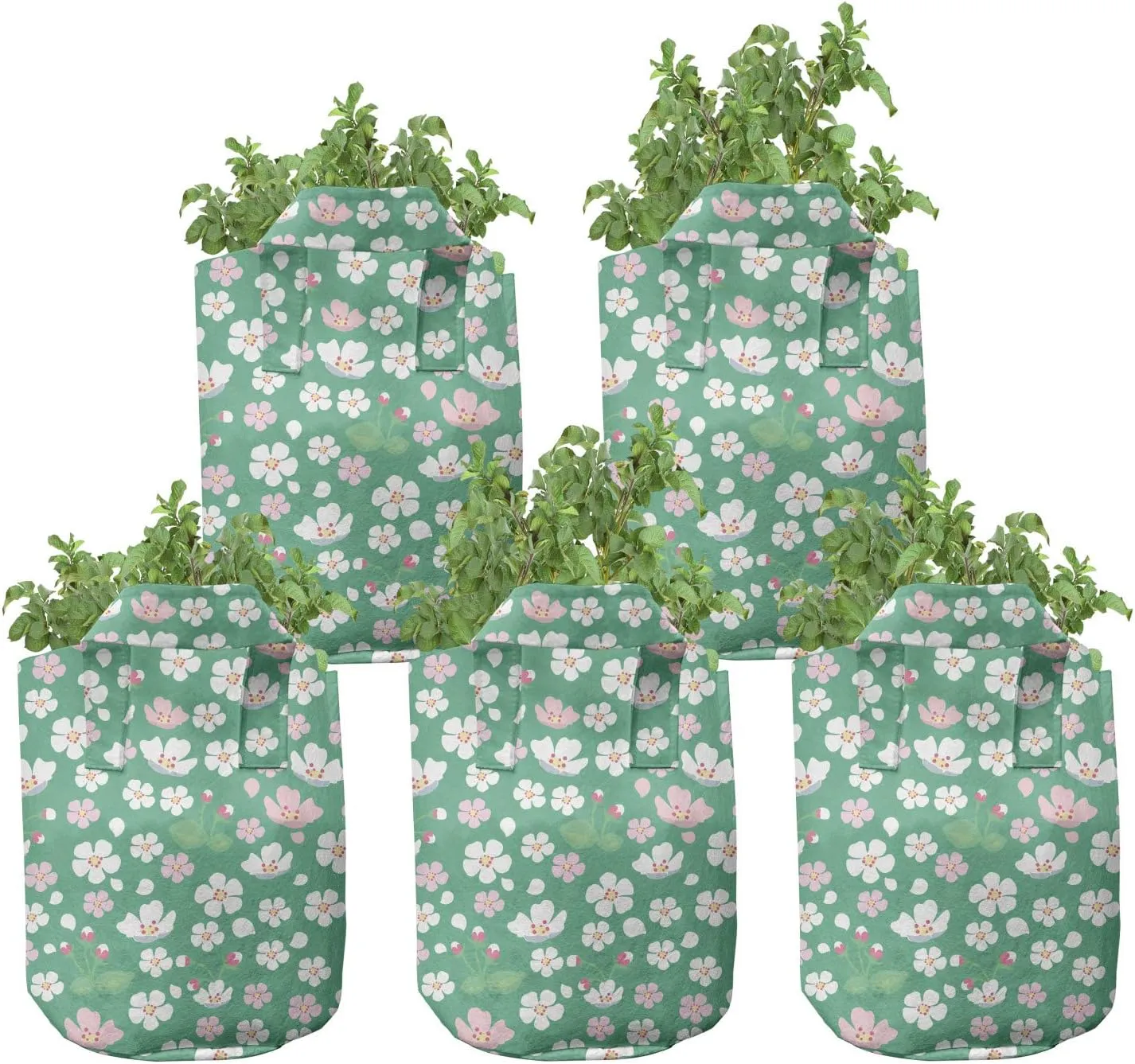 Ambesonne Cherry Blossom Grow Bags 5-Pack, Downward Sloping, Heavyduty Fabric Pots with Handles for Plants, 5 Gallon, Rose and Sea Green