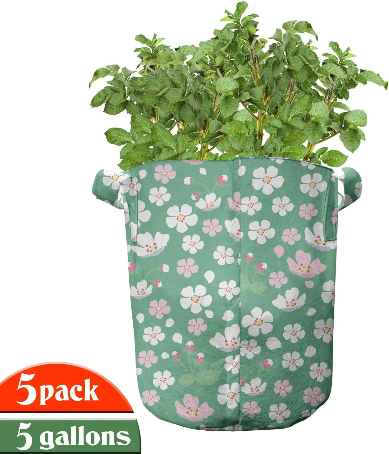 Ambesonne Cherry Blossom Grow Bags 5-Pack, Downward Sloping, Heavyduty Fabric Pots with Handles for Plants, 5 Gallon, Rose and Sea Green